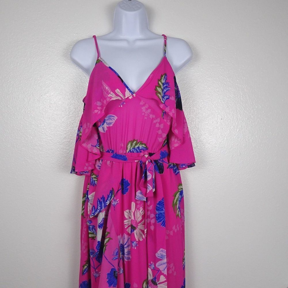 RACHEL ROY Maxi Dress Cold Shoulder Floral Flowy Ruffle Slit Tie-Waist Pink 6 - Picture 4 of 13